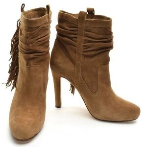 Jean-Michel Cazabat - Suede Fringe High Heel Booties - Camel - Size 9